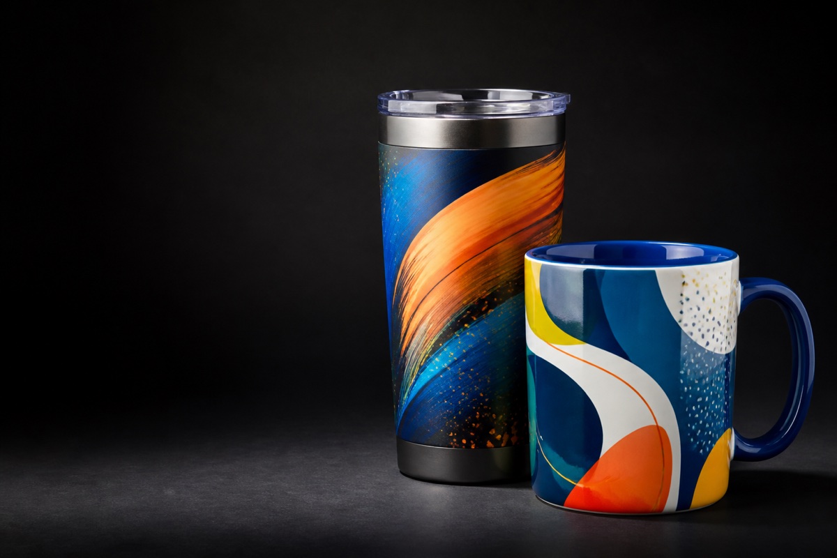 Colorfully printed tumbler and ceramic mug