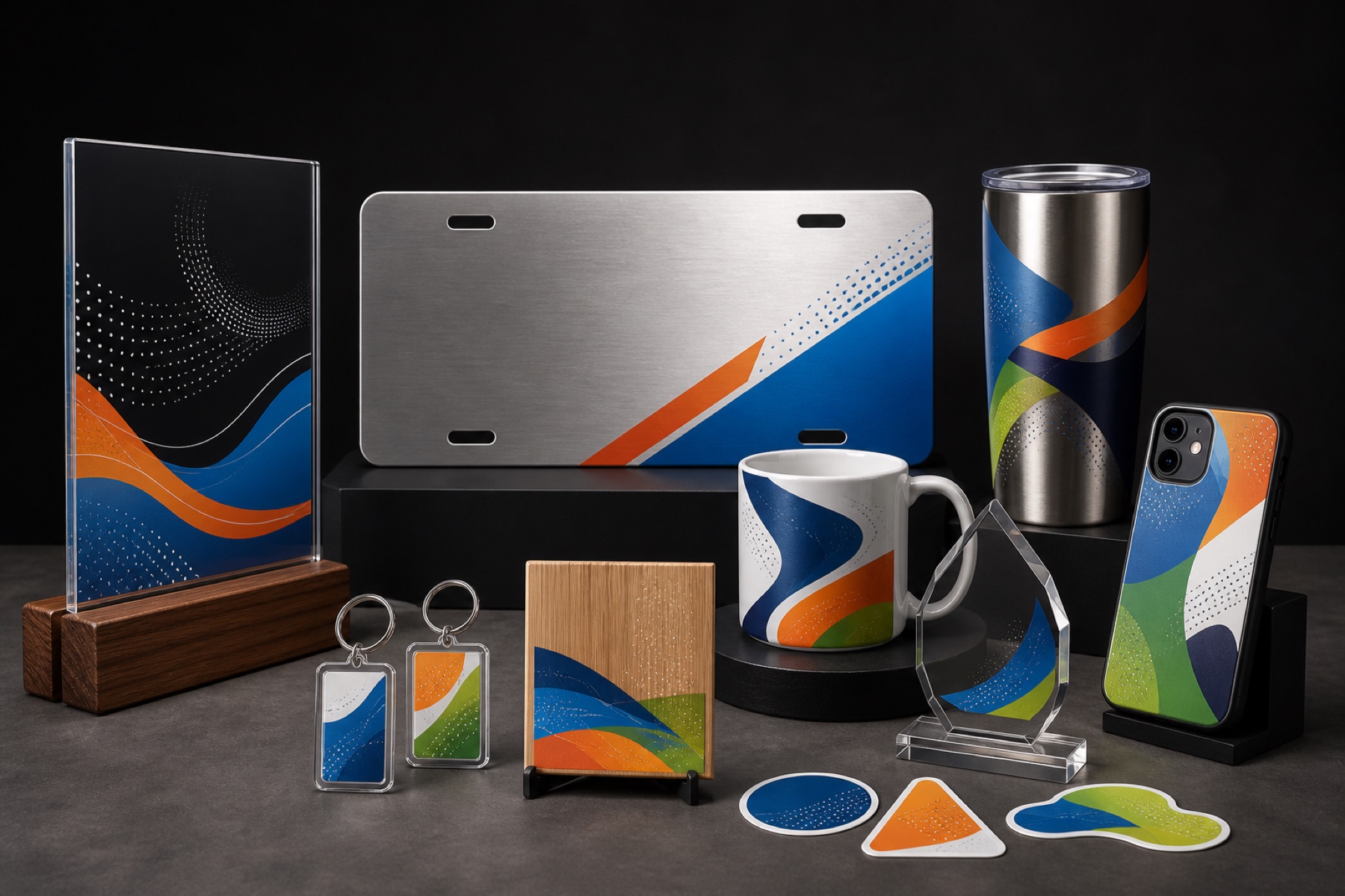 Acrylic signage, custom license plate, tumbler, mug, phone case, keychains, plaque, award, and decals