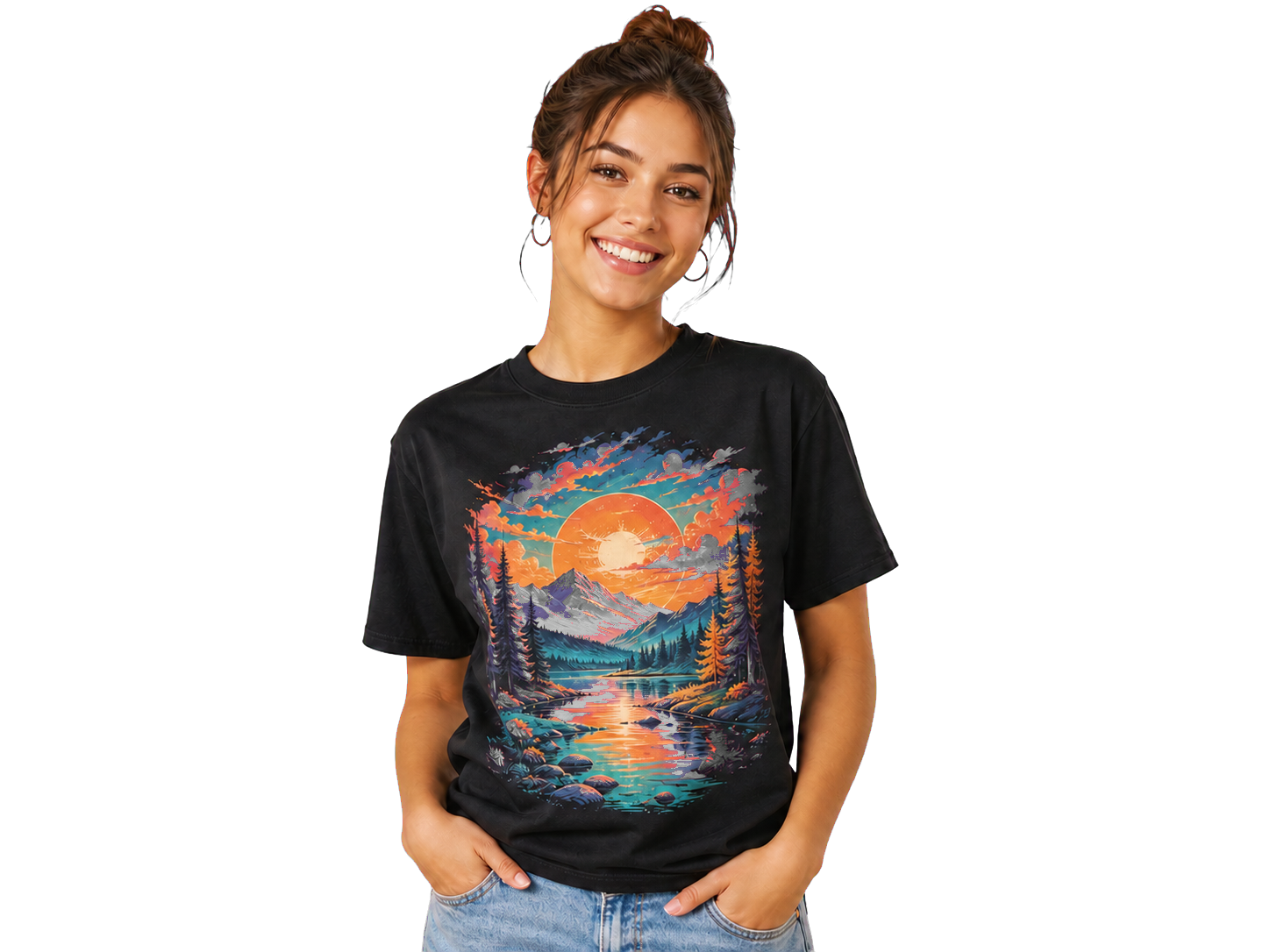 Person wearing a full-color DTF printed T-shirt