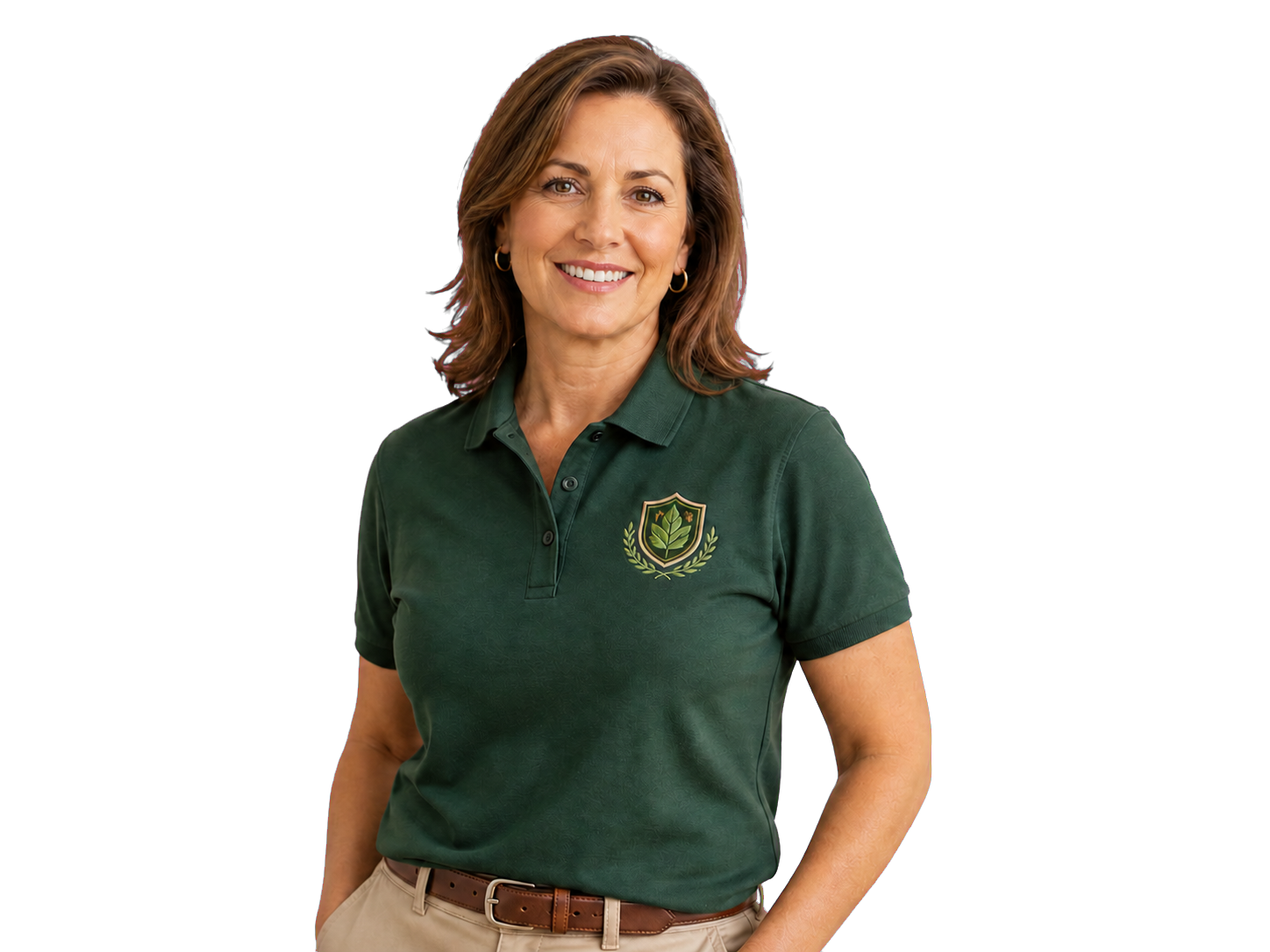 Person wearing a polo shirt with an embroidered chest design
